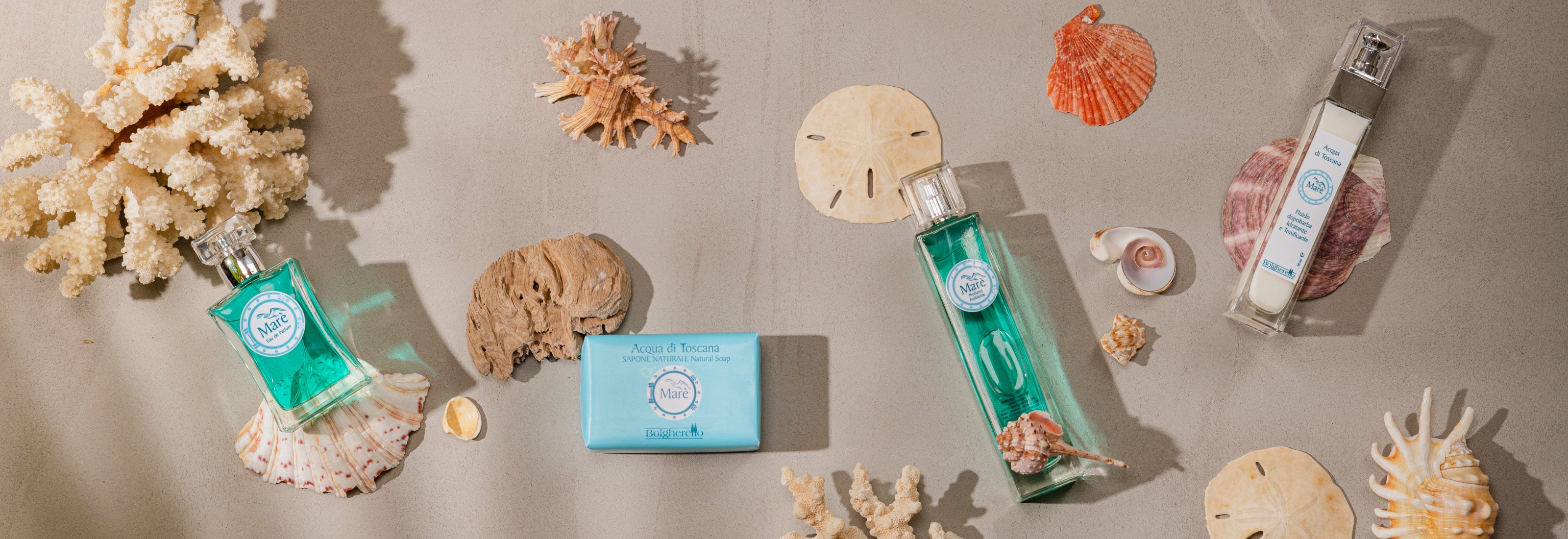 Composizione dei prodotti della collezione "Marè, Acqua di Toscana"